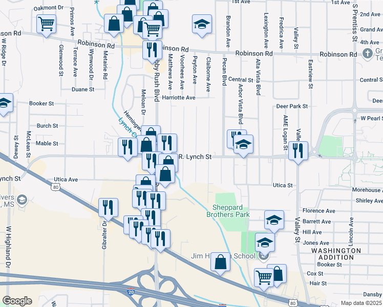 map of restaurants, bars, coffee shops, grocery stores, and more near 2610 John R. Lynch Street in Jackson