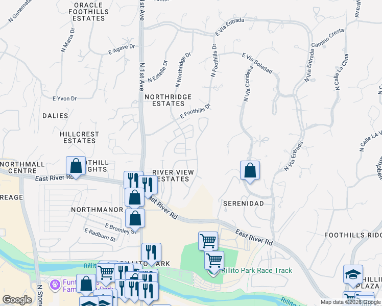 map of restaurants, bars, coffee shops, grocery stores, and more near 5008 North Northridge Place in Tucson