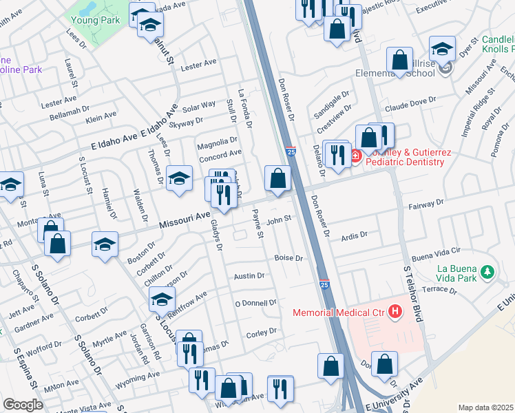 map of restaurants, bars, coffee shops, grocery stores, and more near 1709 Payne Street in Las Cruces