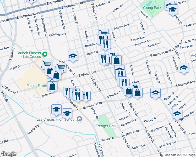 map of restaurants, bars, coffee shops, grocery stores, and more near 1015 Foster Road in Las Cruces