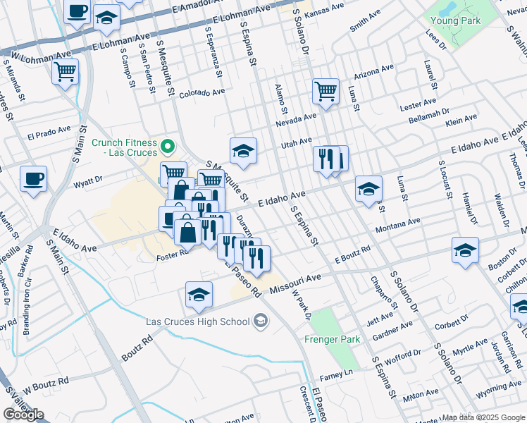 map of restaurants, bars, coffee shops, grocery stores, and more near 808-854 East Idaho Avenue in Las Cruces