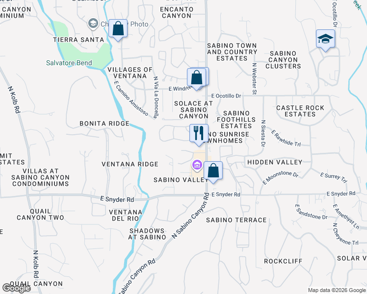 map of restaurants, bars, coffee shops, grocery stores, and more near 7807 East Sabino Hollow Court in Tucson