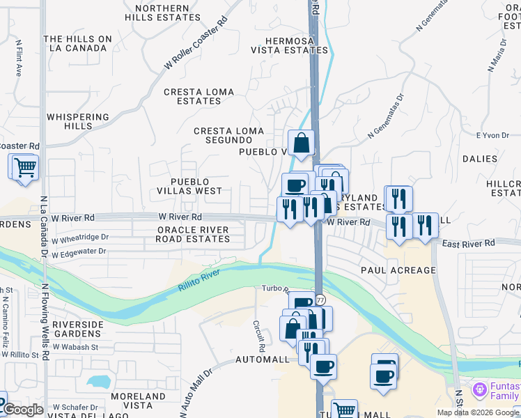 map of restaurants, bars, coffee shops, grocery stores, and more near 621 West Zia Drive in Tucson