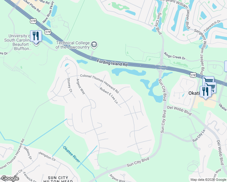 map of restaurants, bars, coffee shops, grocery stores, and more near 141 Colonel Thomas Heyward Road in Bluffton