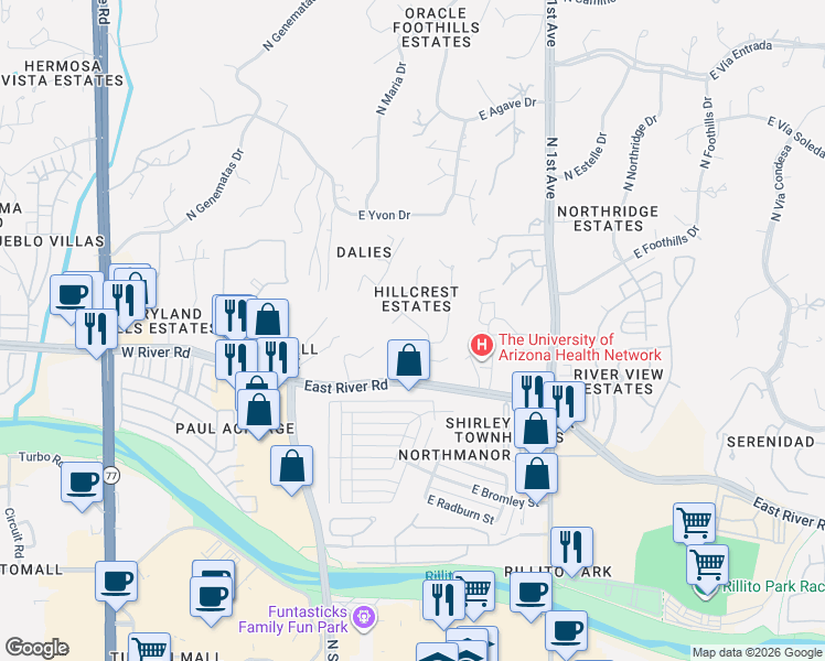 map of restaurants, bars, coffee shops, grocery stores, and more near 5053 North Hillcrest Drive in Tucson
