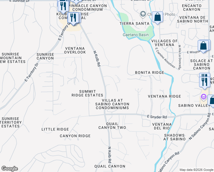 map of restaurants, bars, coffee shops, grocery stores, and more near 4990 North Kolb Road in Tucson