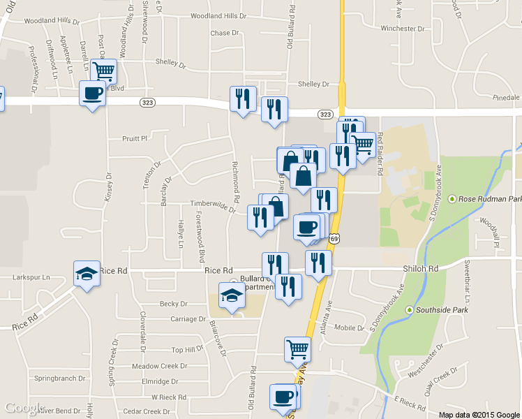 map of restaurants, bars, coffee shops, grocery stores, and more near 421 Timberwilde Dr in Tyler