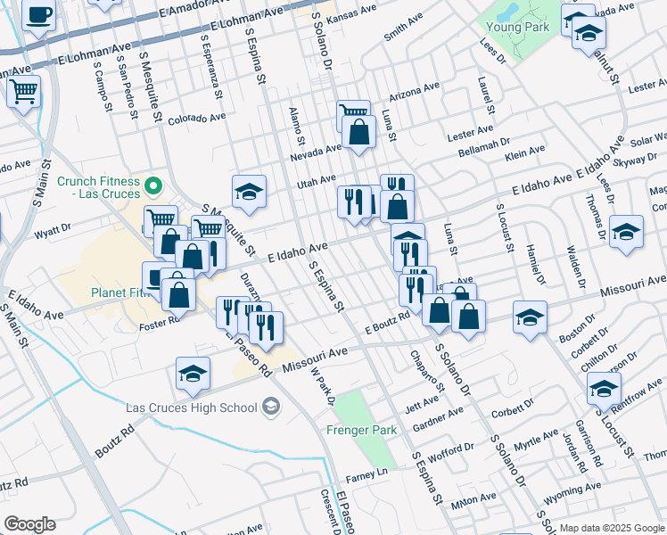 map of restaurants, bars, coffee shops, grocery stores, and more near 1015 Foster Road in Las Cruces