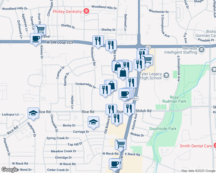 map of restaurants, bars, coffee shops, grocery stores, and more near 421 Timberwilde Dr in Tyler