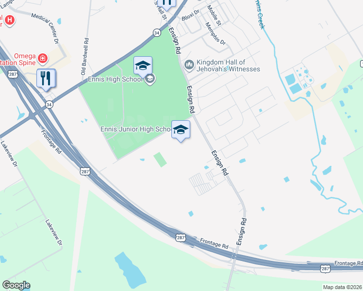 map of restaurants, bars, coffee shops, grocery stores, and more near 3101 Ensign Road in Ennis