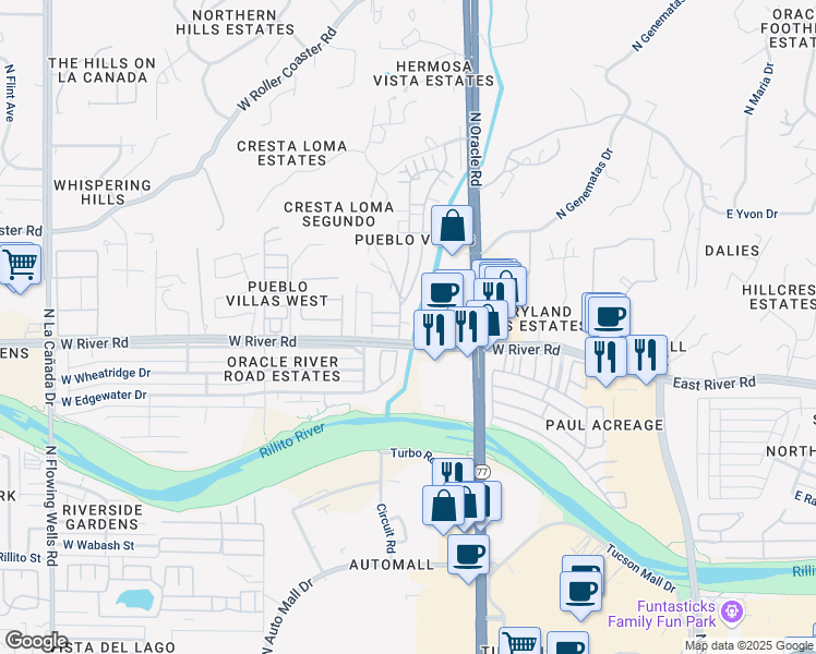 map of restaurants, bars, coffee shops, grocery stores, and more near 5018 North Pueblo Villas Drive in Tucson