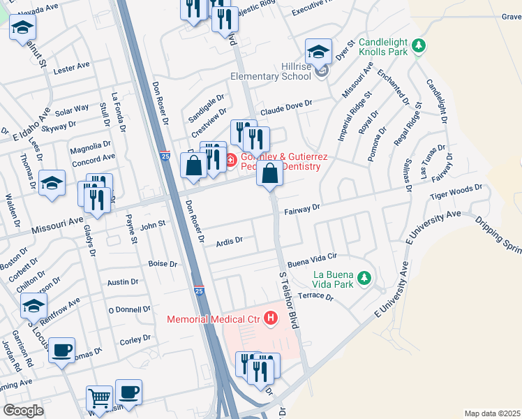 map of restaurants, bars, coffee shops, grocery stores, and more near 2800-2898 Fairway Drive in Las Cruces