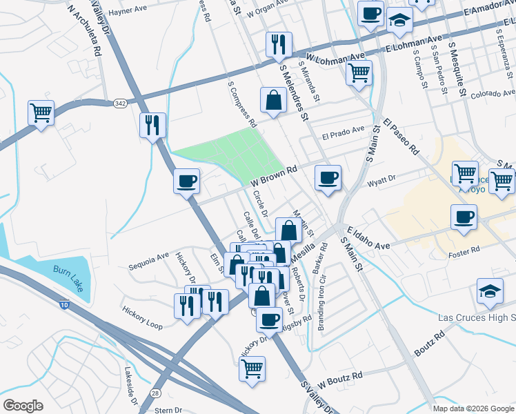 map of restaurants, bars, coffee shops, grocery stores, and more near 1185 Circle Drive in Las Cruces