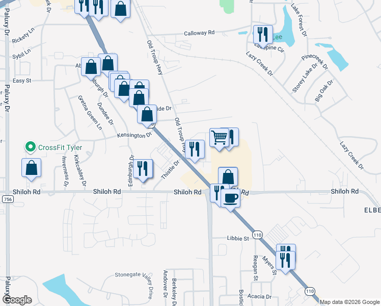 map of restaurants, bars, coffee shops, grocery stores, and more near 4715 Ponderosa Trail in Tyler