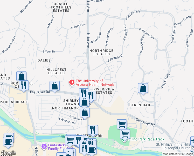 map of restaurants, bars, coffee shops, grocery stores, and more near 5025 North Campana Drive in Tucson