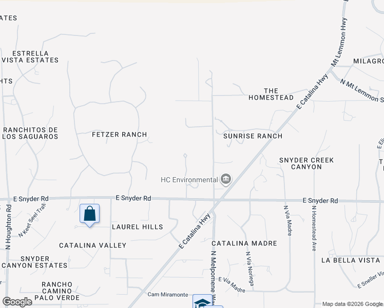 map of restaurants, bars, coffee shops, grocery stores, and more near 11015 East Snyder Road in Tucson