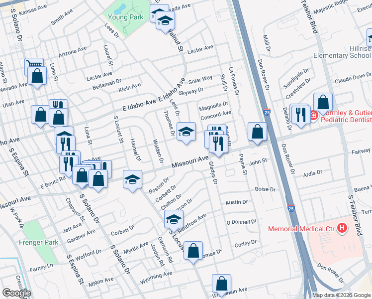 map of restaurants, bars, coffee shops, grocery stores, and more near 1701 Boston Drive in Las Cruces