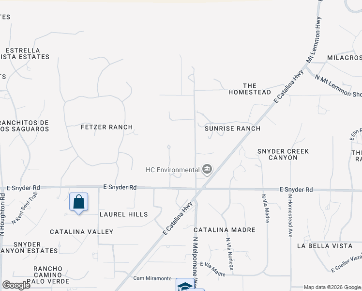 map of restaurants, bars, coffee shops, grocery stores, and more near 11015 East Snyder Road in Tucson