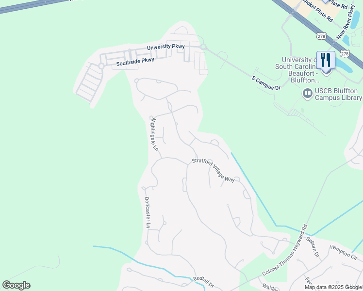 map of restaurants, bars, coffee shops, grocery stores, and more near 17 Willow Brook Drive in Bluffton
