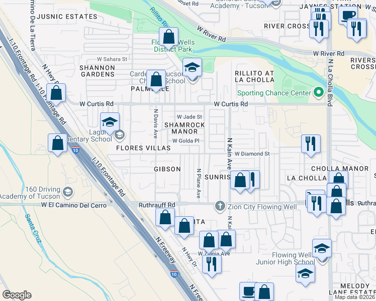map of restaurants, bars, coffee shops, grocery stores, and more near 29 North Sunrise Avenue in Tucson