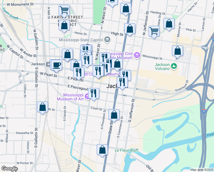 map of restaurants, bars, coffee shops, grocery stores, and more near 203 South President Street in Jackson