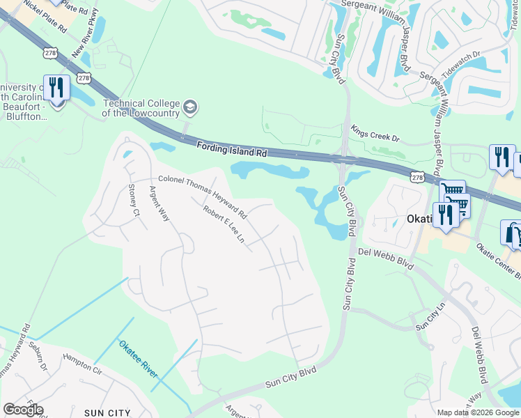 map of restaurants, bars, coffee shops, grocery stores, and more near 108 Hunley Court in Bluffton