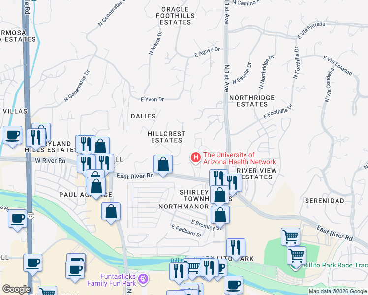 map of restaurants, bars, coffee shops, grocery stores, and more near 5016 North Hillcrest Drive in Tucson