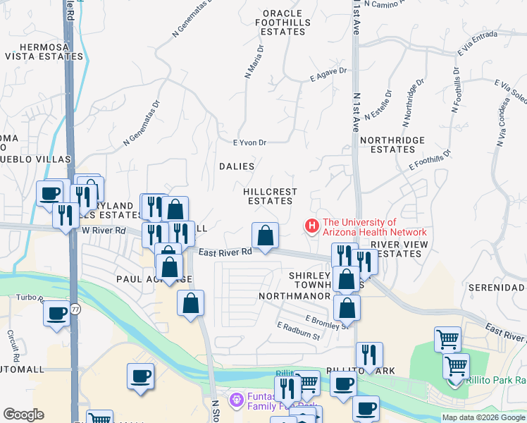 map of restaurants, bars, coffee shops, grocery stores, and more near 5051 North Hillcrest Drive in Tucson