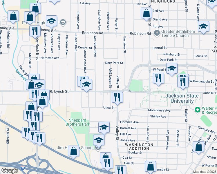 map of restaurants, bars, coffee shops, grocery stores, and more near 1151 Biloxi Street in Jackson