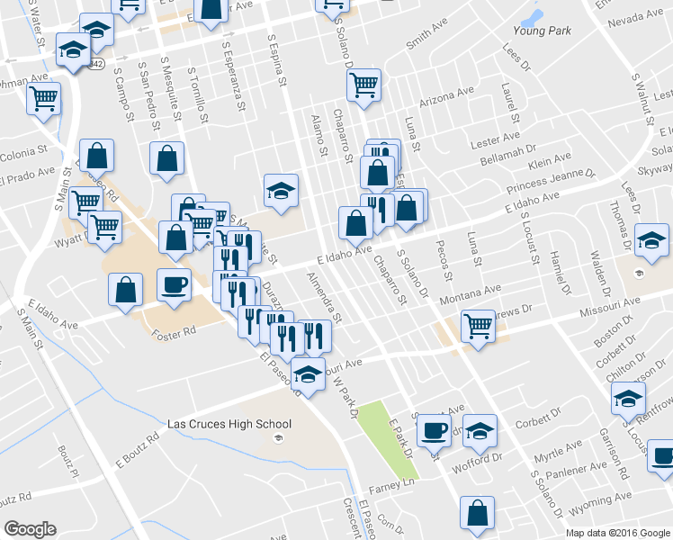 map of restaurants, bars, coffee shops, grocery stores, and more near 1315 South Espina Street in Las Cruces