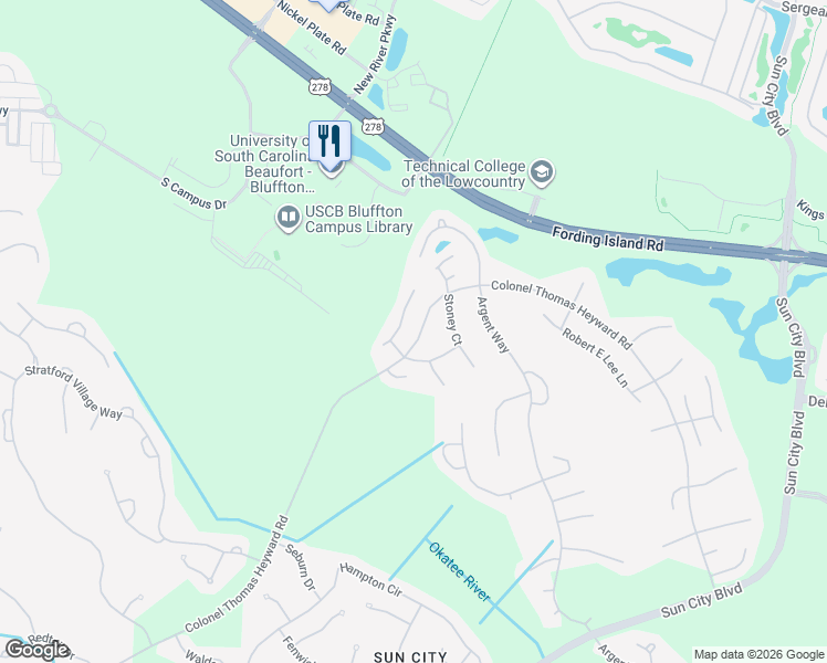 map of restaurants, bars, coffee shops, grocery stores, and more near 222 Colonel Thomas Heyward Road in Bluffton