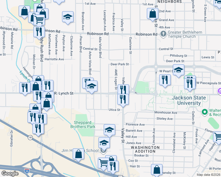 map of restaurants, bars, coffee shops, grocery stores, and more near 1151 Biloxi Street in Jackson