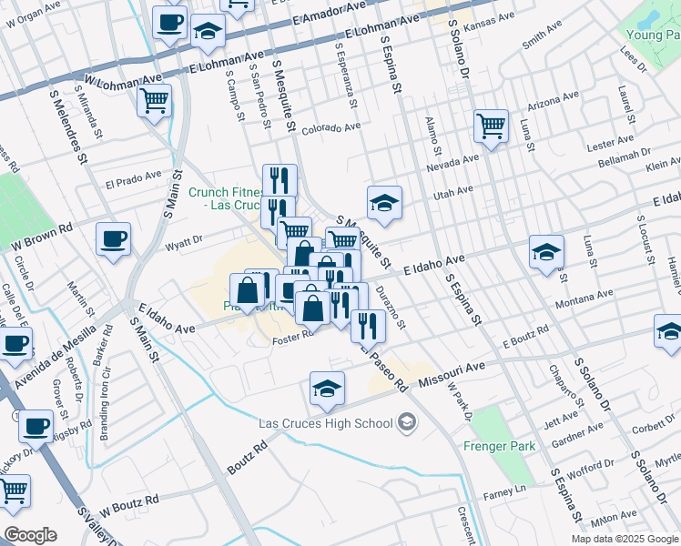 map of restaurants, bars, coffee shops, grocery stores, and more near 1285 El Paseo Road in Las Cruces