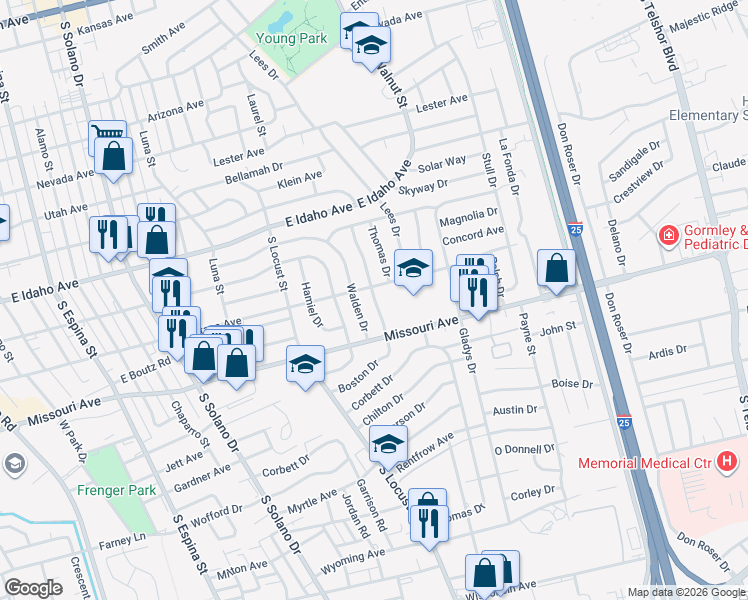map of restaurants, bars, coffee shops, grocery stores, and more near Boston Drive in Las Cruces