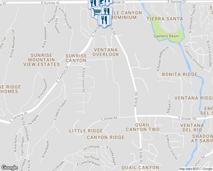 map of restaurants, bars, coffee shops, grocery stores, and more near 5018 North Marlin Canyon Place in Tucson