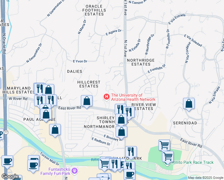 map of restaurants, bars, coffee shops, grocery stores, and more near 5025 North 1st Avenue in Tucson