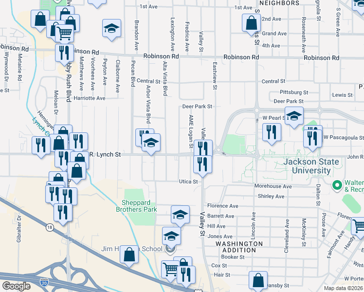 map of restaurants, bars, coffee shops, grocery stores, and more near 1151 Biloxi Street in Jackson