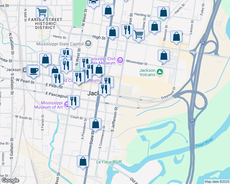 map of restaurants, bars, coffee shops, grocery stores, and more near 181 South Jefferson Street in Jackson