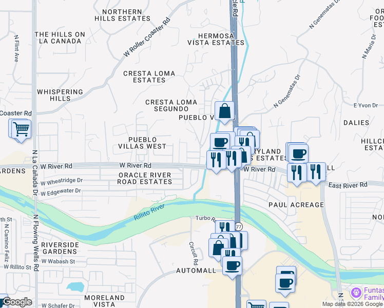 map of restaurants, bars, coffee shops, grocery stores, and more near 621 West Zia Drive in Tucson