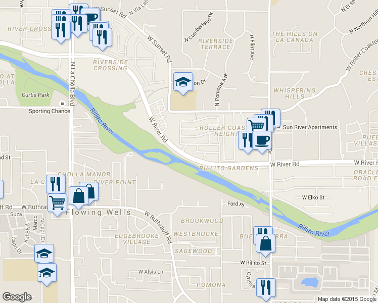 map of restaurants, bars, coffee shops, grocery stores, and more near 1659 West Homecoming Way in Tucson