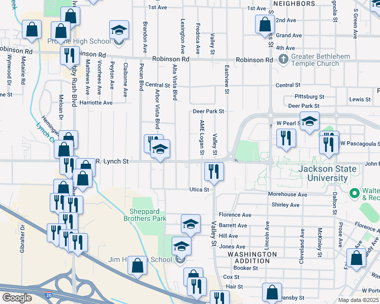 map of restaurants, bars, coffee shops, grocery stores, and more near 1151 Biloxi Street in Jackson