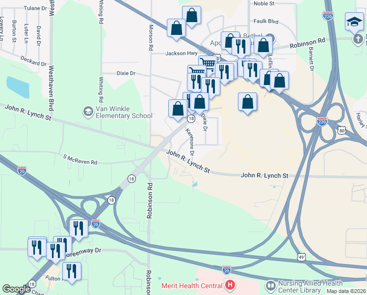 map of restaurants, bars, coffee shops, grocery stores, and more near 1821 Kenmore Drive in Jackson