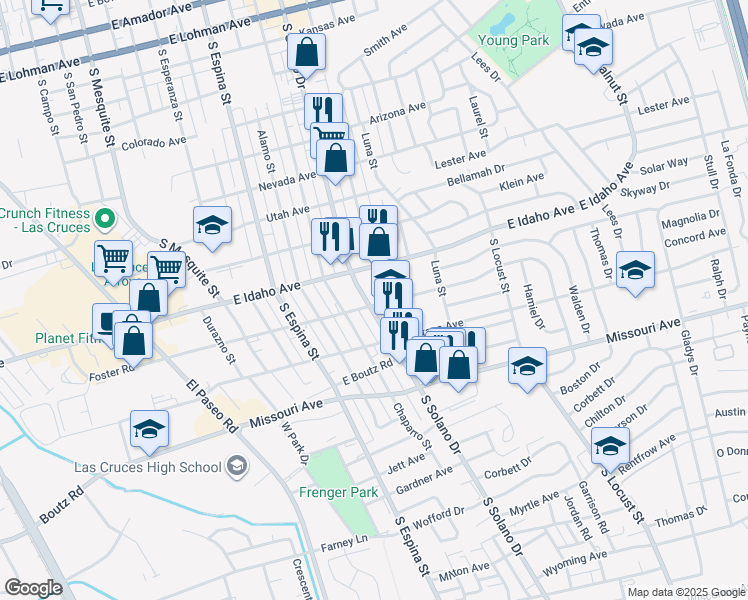 map of restaurants, bars, coffee shops, grocery stores, and more near 1335 South Solano Drive in Las Cruces