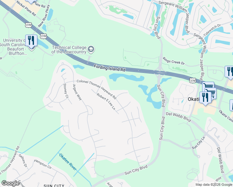 map of restaurants, bars, coffee shops, grocery stores, and more near 141 Colonel Thomas Heyward Road in Bluffton