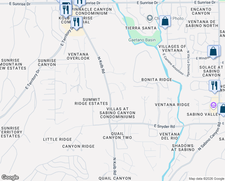 map of restaurants, bars, coffee shops, grocery stores, and more near 4990 North Kolb Road in Tucson