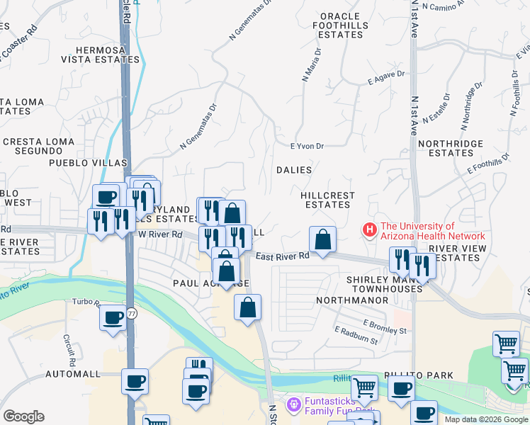 map of restaurants, bars, coffee shops, grocery stores, and more near 30 West Stone Loop in Tucson