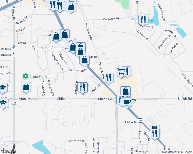 map of restaurants, bars, coffee shops, grocery stores, and more near 4827 Troup Highway in Tyler