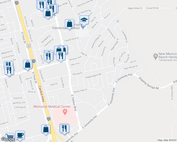 map of restaurants, bars, coffee shops, grocery stores, and more near Fairway Drive in Las Cruces