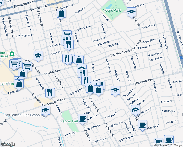 map of restaurants, bars, coffee shops, grocery stores, and more near 1435 Pecos Street in Las Cruces