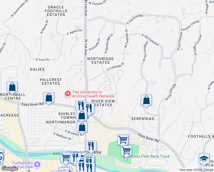 map of restaurants, bars, coffee shops, grocery stores, and more near 5026 North Crestridge Drive in Tucson